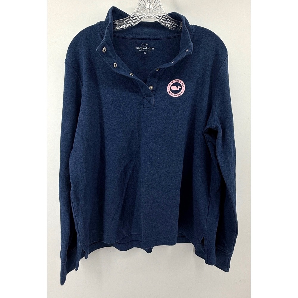 Vineyard Vines Navy Blue Pink Whale Graphic Snap Neck Pullover Top XL Womens